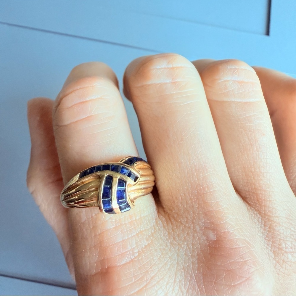 Vintage 14k Gold Genuine Sapphire Criss Cross Ribbon Dome Ring SIZE 9 - Picture 5 of 15